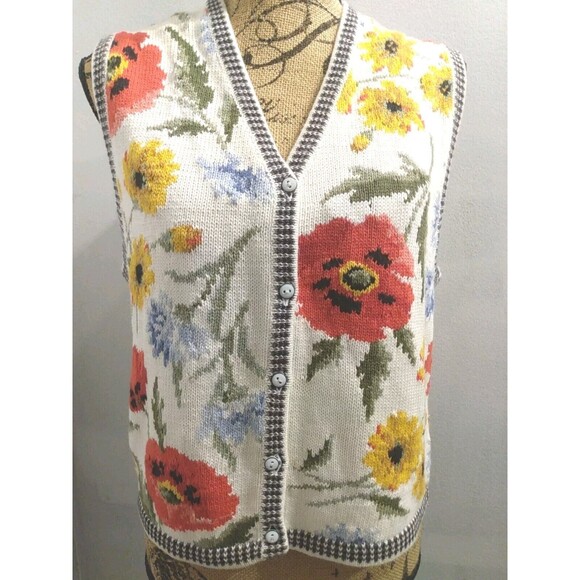 portraits by northern isles Ivory Floral Contrast Trim Knitted Vest Size‎ M - Picture 1 of 6